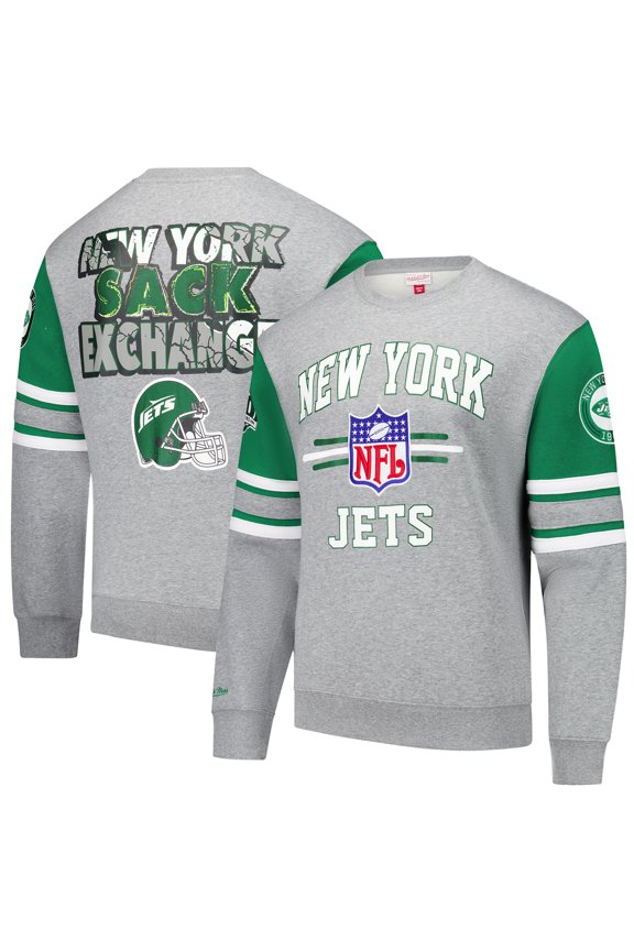 Men's Mitchell & Ness Heather Gray New York Jets All Over 4.0 Vintage Logo Pullover Sweatshirt