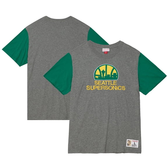 Men's Mitchell & Ness Heather Gray Seattle SuperSonics Hardwood Classics Color Block T-Shirt