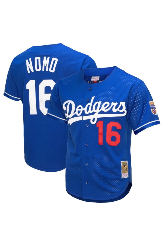 Men's Mitchell & Ness Hideo Nomo Royal Los Angeles Dodgers Cooperstown Collection Mesh Batting Practice Button-Up Jersey