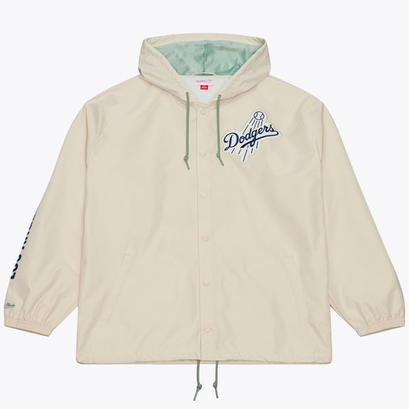 Men's Mitchell & Ness Jackie Robinson Cream Los Angeles Dodgers Full-Snap Yacht Rock Name & Number Hooded Coach's Jacket