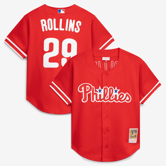 Men's Mitchell & Ness Jimmy Rollins Red Philadelphia Phillies Cooperstown Mesh Batting Practice Button-Up Jersey