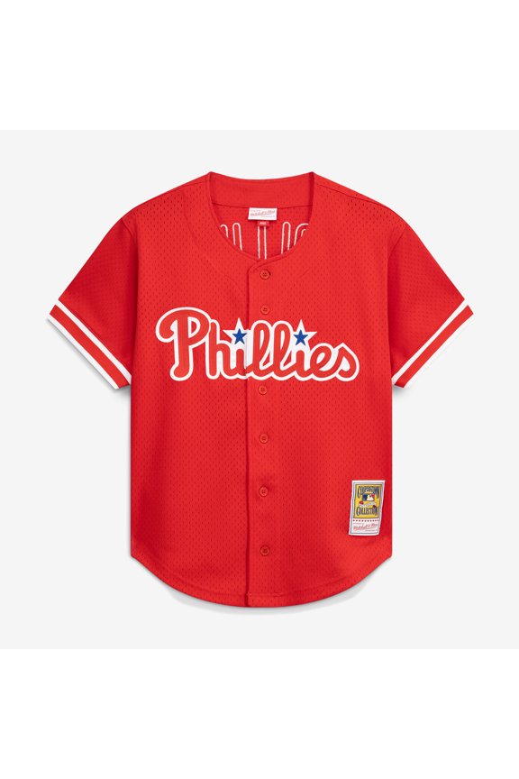 Men's Mitchell & Ness Jimmy Rollins Red Philadelphia Phillies Cooperstown Mesh Batting Practice Button-Up Jersey