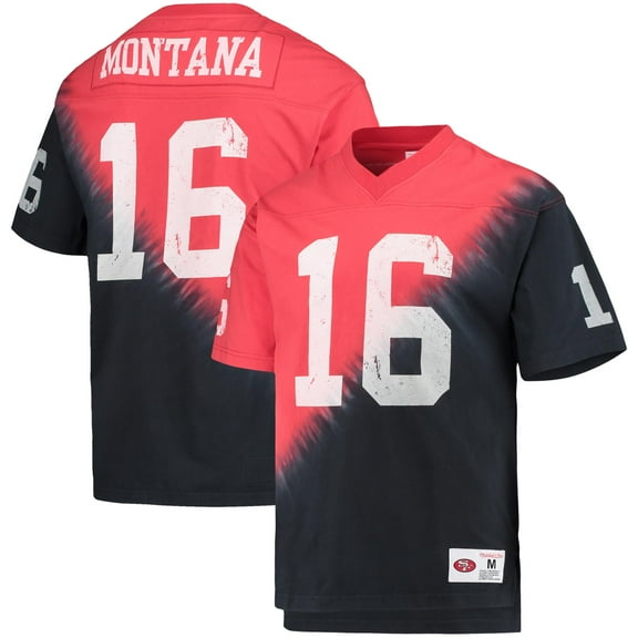 Men's Mitchell & Ness Joe Montana Black/Red San Francisco 49ers Retired Player Name & Number Diagonal Tie-Dye V-Neck