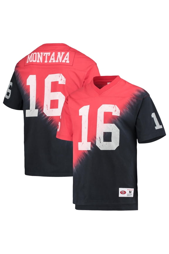 Men's Mitchell & Ness Joe Montana Black/Red San Francisco 49ers Retired Player Name & Number Diagonal Tie-Dye V-Neck