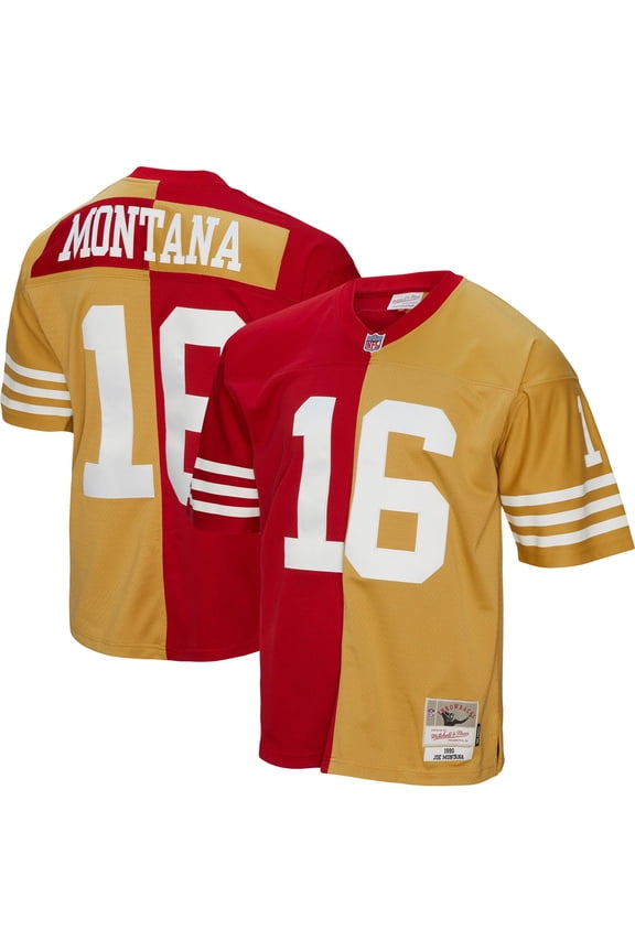 Men's Mitchell & Ness Joe Montana Scarlet/Gold San Francisco 49ers 1990 Split Legacy Replica Jersey