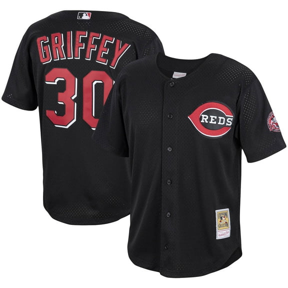 Men's Mitchell & Ness Ken Griffey Jr. Black Cincinnati Reds Cooperstown Collection Mesh Batting Practice Button-Up