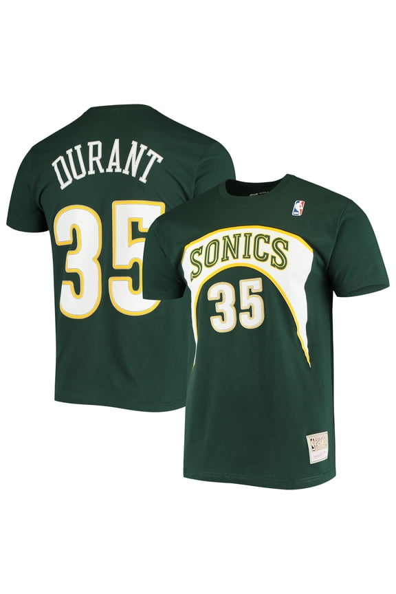 Men's Mitchell & Ness Kevin Durant Green Seattle SuperSonics Hardwood Classics Stitch Name & Number T-Shirt
