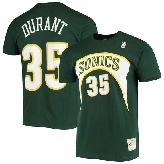 Men's Mitchell & Ness Kevin Durant Green Seattle SuperSonics Hardwood Classics Stitch Name & Number T-Shirt