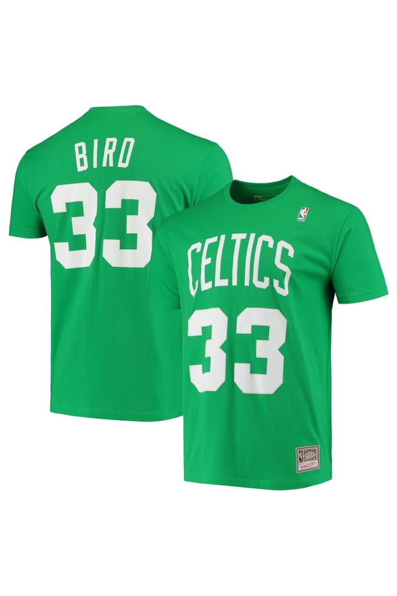 Men's Mitchell & Ness Larry Bird Kelly Green Boston Celtics Hardwood Classics Stitch Name & Number T-Shirt
