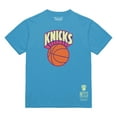 thumbnail image 1 of Men's Mitchell & Ness Light Blue New York Knicks Hardwood Classics Arctic Sunset Neon Retro Logo T-Shirt, 1 of 2