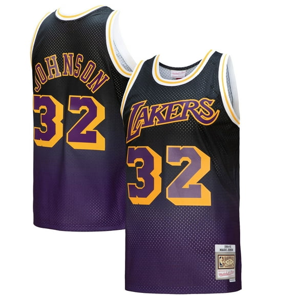 Men's Mitchell & Ness Magic Johnson Purple/Black Los Angeles Lakers 1984/85 Hardwood Classics Fadeaway Swingman Player