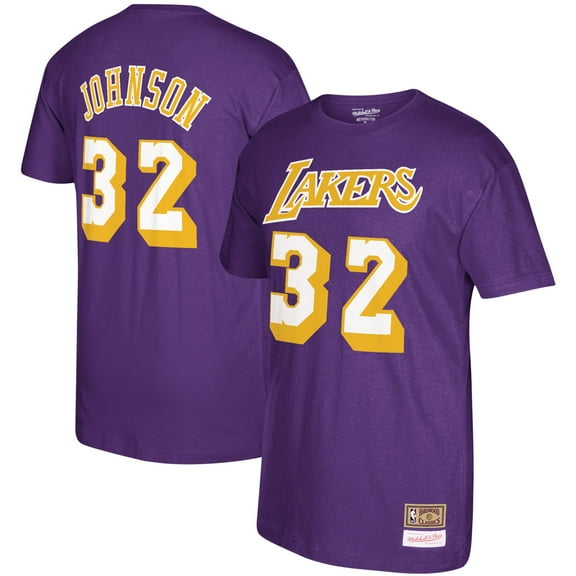 Men's Mitchell & Ness Magic Johnson Purple Los Angeles Lakers Hardwood Classics Name & Number T-Shirt