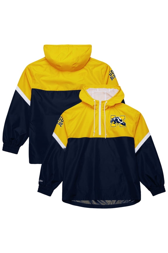 Men's Mitchell & Ness Maize/Navy Michigan Wolverines Tie Breaker Logo Vintage Lightweight Anorak Half-Zip Windbreaker