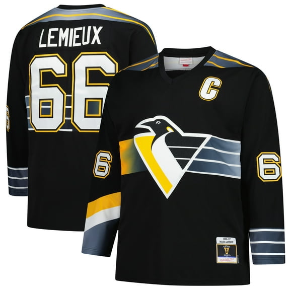 Men's-Mitchell & Ness Mario Lemieux Black Pittsburgh Penguins 1996/97 Blue Line 2.0 Jersey