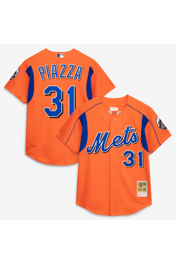 Men's Mitchell & Ness Mike Piazza Orange New York Mets Cooperstown Collection Mesh Batting Practice Button-Up Jersey