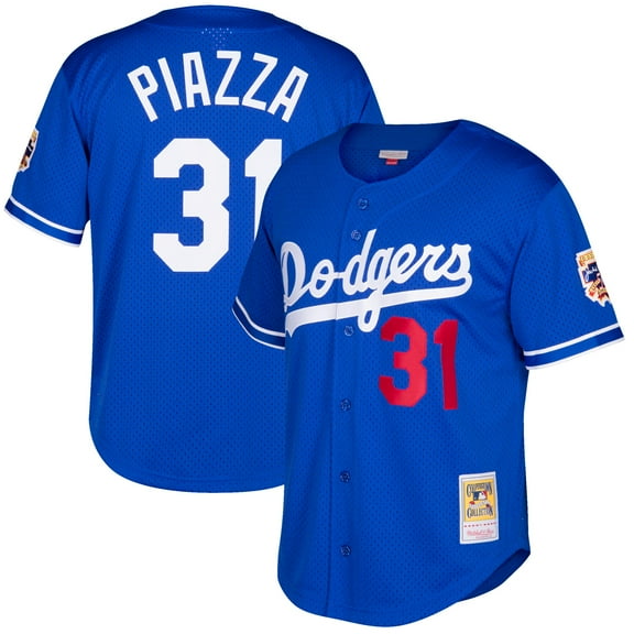 Men's Mitchell & Ness Mike Piazza Royal Los Angeles Dodgers Cooperstown Collection Mesh Batting Practice Button-Up