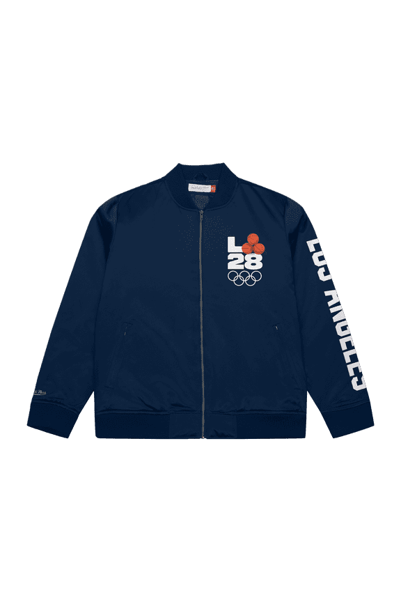 Men's Mitchell & Ness Navy LA28 x NBA All-Star Game Satin Bomber Full-Zip Jacket