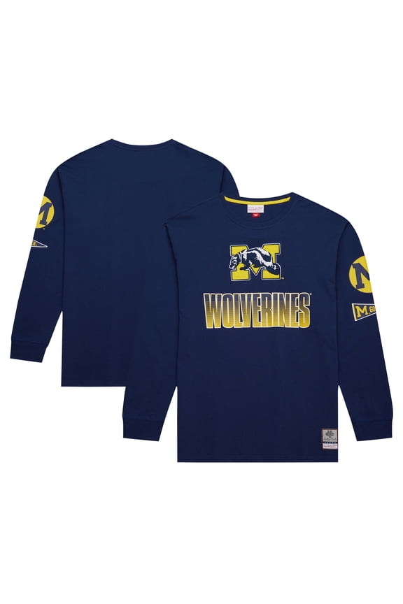 Men's Mitchell & Ness Navy Michigan Wolverines Throwback Allover Long Sleeve T-Shirt