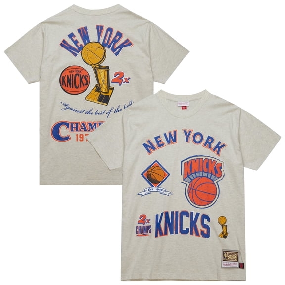 Men's Mitchell & Ness Oatmeal New York Knicks Hardwood Classics Legacy Defined Retro Championship T-Shirt