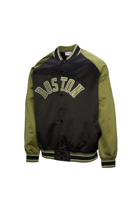 Men's Mitchell & Ness Olive/Black Boston Celtics Clutch Satin Raglan Full-Snap Jacket