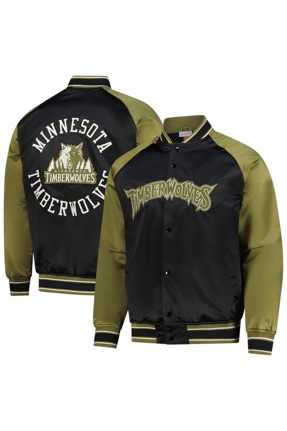 Men's Mitchell & Ness Olive/Black Minnesota Timberwolves Clutch Satin Raglan Full-Snap Jacket