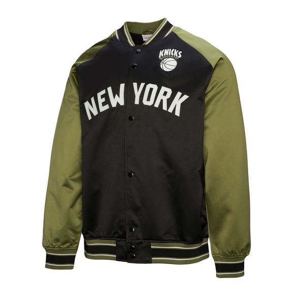 Men's Mitchell & Ness Olive/Black New York Knicks Clutch Satin Raglan Full-Snap Jacket