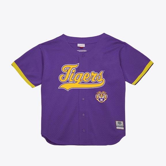 Men's Mitchell & Ness Purple LSU Tigers Mesh Button-Up Batting Practice Baseball Jersey