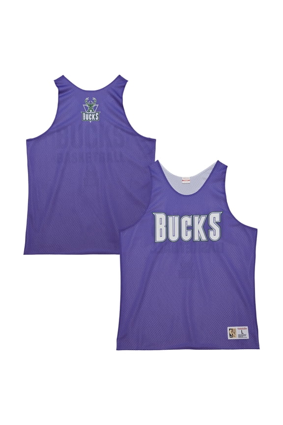 Men's Mitchell & Ness Purple/White Milwaukee Bucks Hardwood Classics Reversible Mesh Practice Jersey