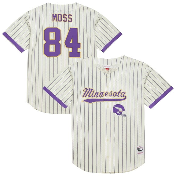 Men's Mitchell & Ness Randy Moss Cream Minnesota Vikings Name & Number Mesh Button-Up Baseball Jersey