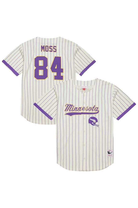 Men's Mitchell & Ness Randy Moss Cream Minnesota Vikings Name & Number Mesh Button-Up Baseball Jersey