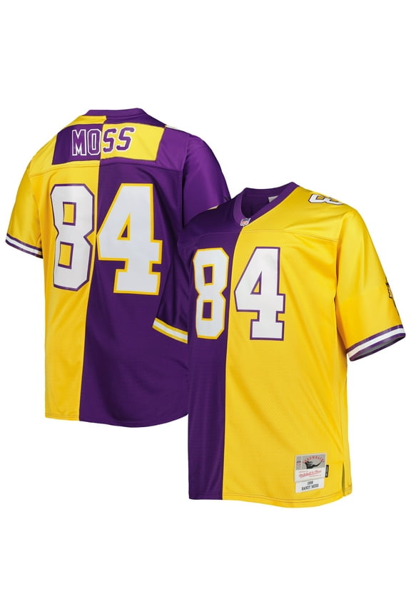 Men's Mitchell & Ness Randy Moss Purple/Gold Minnesota Vikings Big & Tall Split Legacy Retired Player Replica Jersey