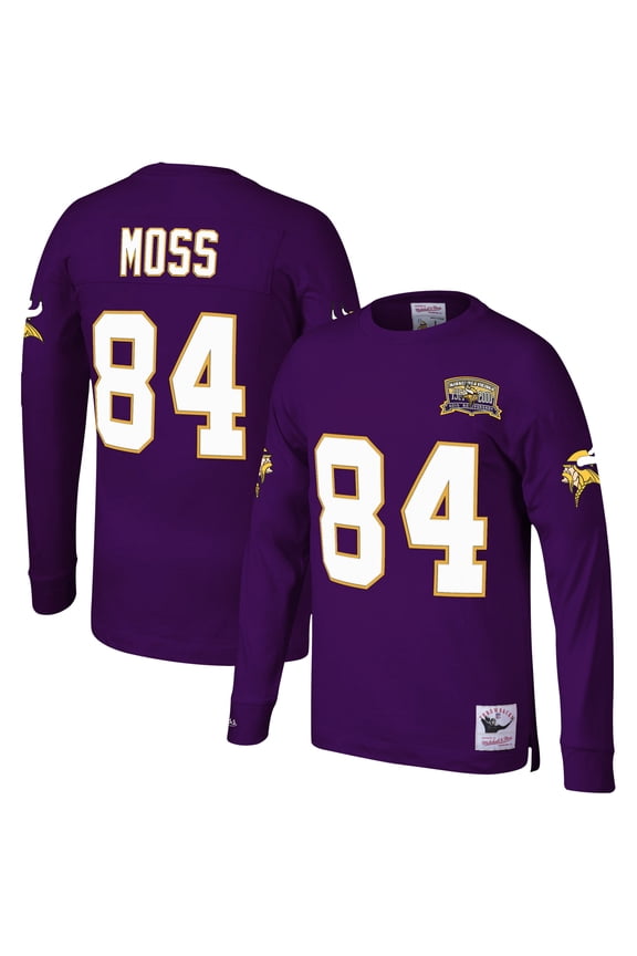 Men's Mitchell & Ness Randy Moss Purple Minnesota Vikings Big & Tall Retired Player Name & Number Long Sleeve Top