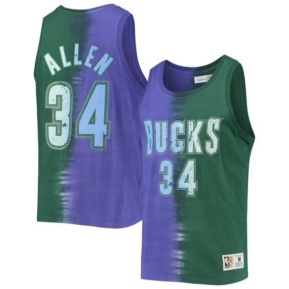 Men's Mitchell & Ness Ray Allen Green/Purple Milwaukee Bucks Hardwood Classics Tie-Dye Name & Number Tank Top