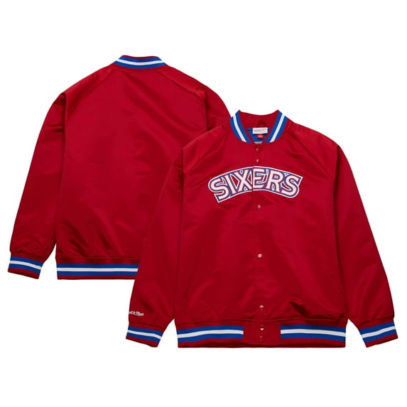 Men's Mitchell & Ness Red Philadelphia 76ers Hardwood Classics Throwback Wordmark Raglan Full-Snap Jacket