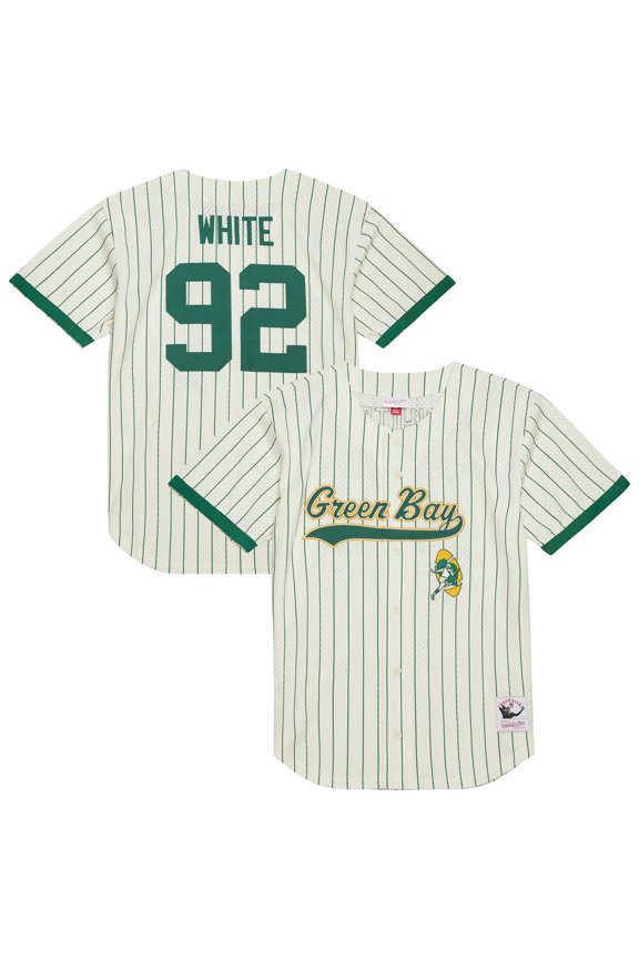 Men's Mitchell & Ness Reggie White Cream Green Bay Packers Name & Number Mesh Button-Up Baseball Jersey