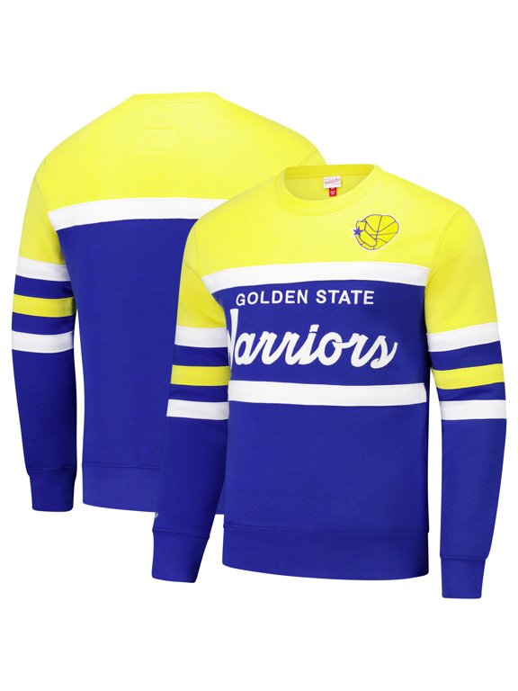 Men's Mitchell & Ness Royal/Gold Golden State Warriors Hardwood Classics Vintage Logo Head Coach Pullover Sweatshirt
