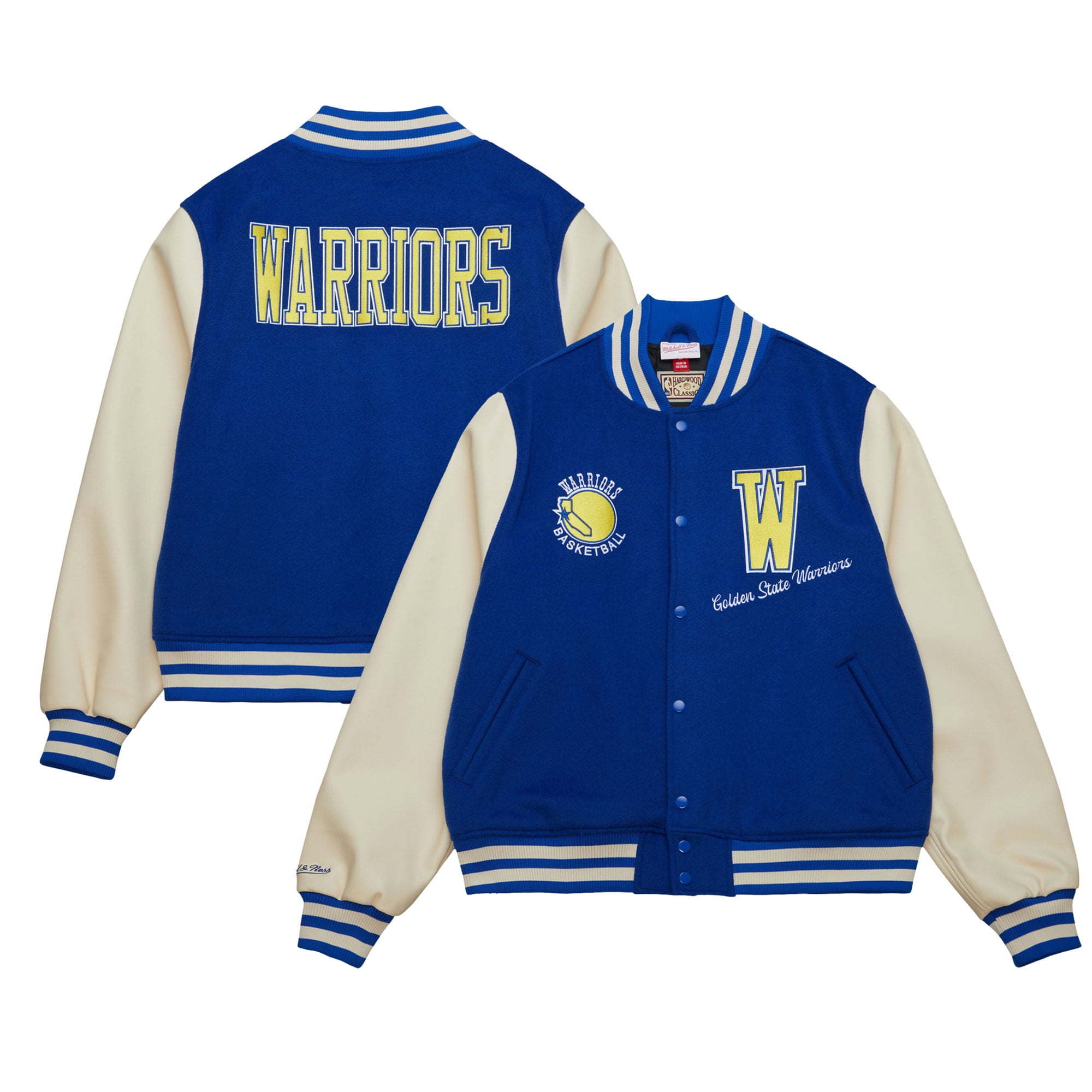 Men s Mitchell Ness Royal Golden State Warriors Hardwood Classics Varsity Full Snap Jacket Walmart