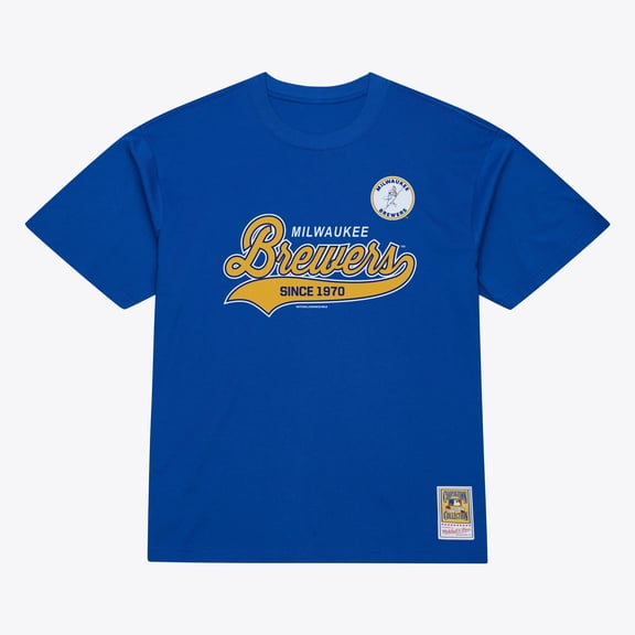 Men's Mitchell & Ness Royal Milwaukee Brewers Script Sweep Arch T-Shirt