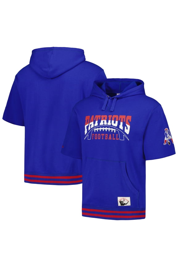 Men's Mitchell & Ness Royal New England Patriots Pre-Game Short Sleeve Pullover Hoodie