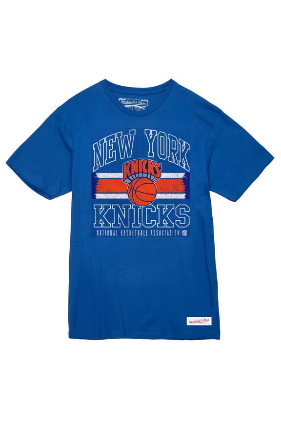 Men's Mitchell & Ness Royal New York Knicks Striped Logo Lockup Premium T-Shirt