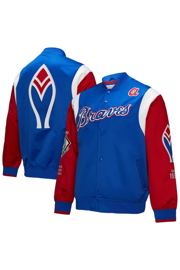 Men's Mitchell & Ness Royal/Red Atlanta Braves Cooperstown Collection Team Origins Satin Full-Snap Jacket