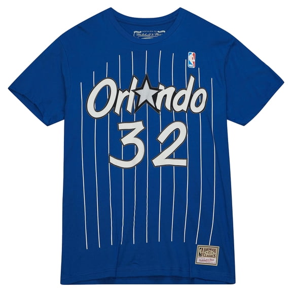 Men's Mitchell & Ness Shaquille O'Neal Blue Orlando Magic Hardwood Classics Stitch Name & Number T-Shirt