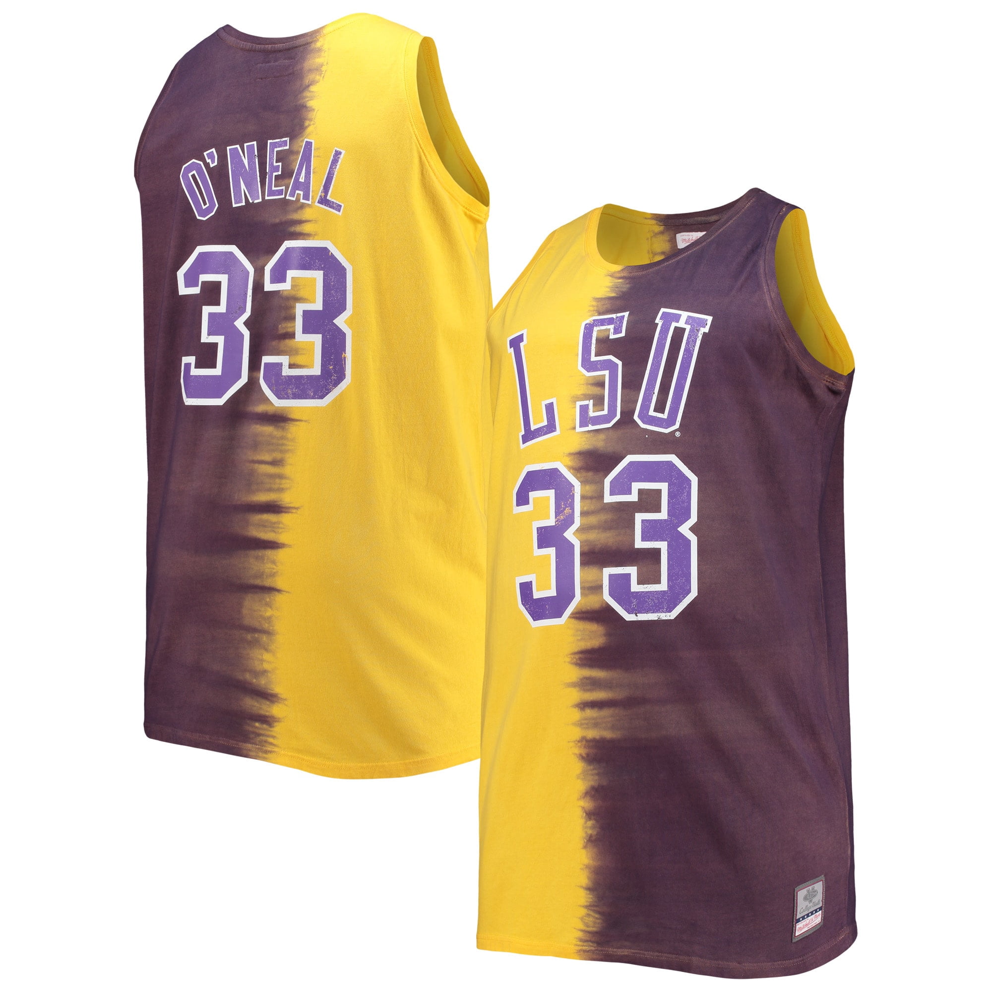 Men's Mitchell & Ness Shaquille O'Neal Purple/Gold LSU Tigers Big & Tall  Player Tie-Dye Jersey 