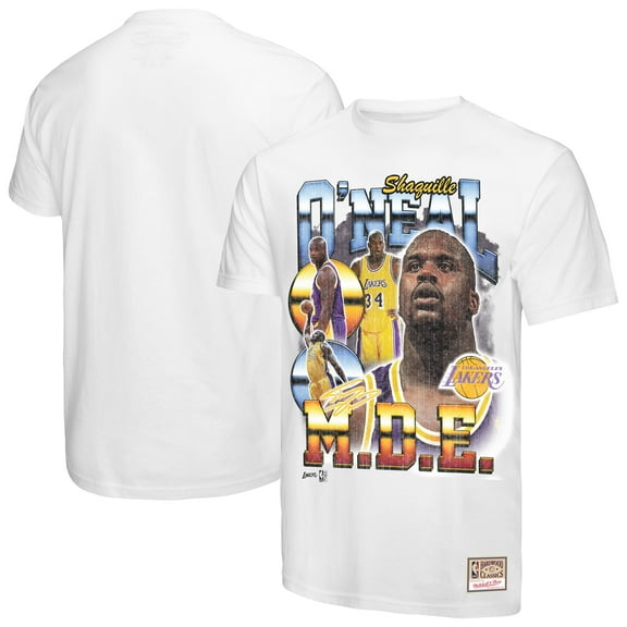 Men's Mitchell & Ness Shaquille O'Neal White Los Angeles Lakers Commemorative Collage T-Shirt