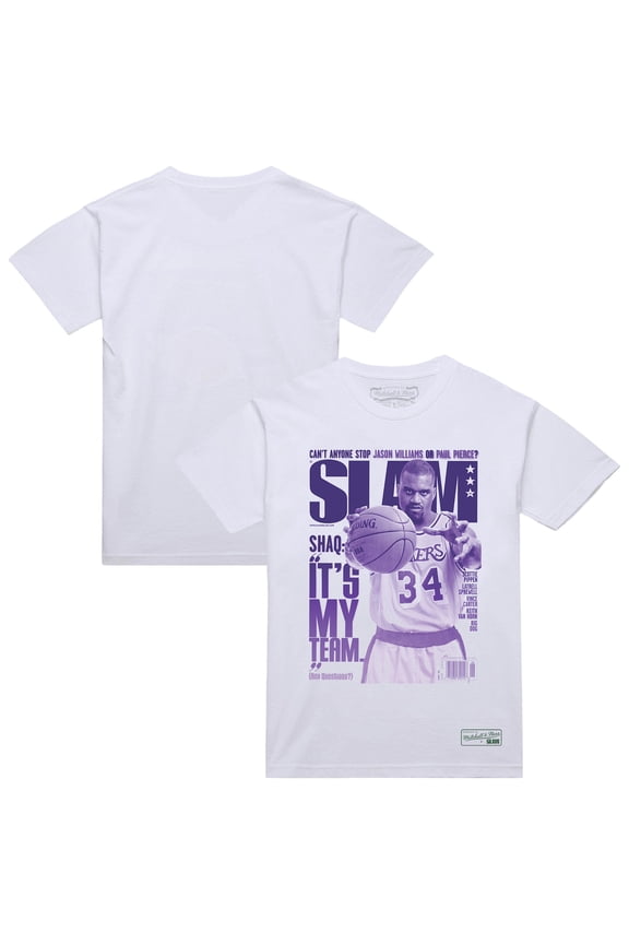 Men's-Mitchell & Ness Shaquille O'Neal White Los Angeles Lakers SLAM Gradient T-Shirt