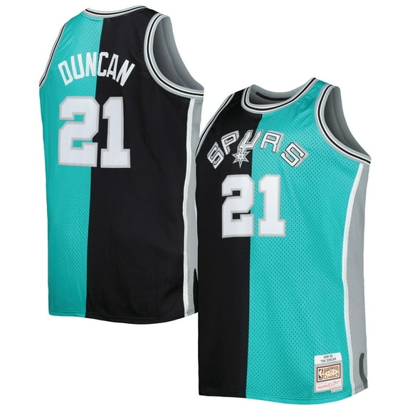 Men's Mitchell & Ness Tim Duncan Black/Teal San Antonio Spurs Big & Tall Hardwood Classics 1998/99 Split Swingman Jersey