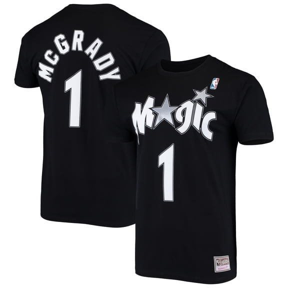 Men's Mitchell & Ness Tracy McGrady Black Orlando Magic Hardwood Classics Stitch Name & Number T-Shirt
