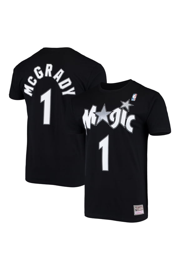 Men's Mitchell & Ness Tracy McGrady Black Orlando Magic Hardwood Classics Stitch Name & Number T-Shirt