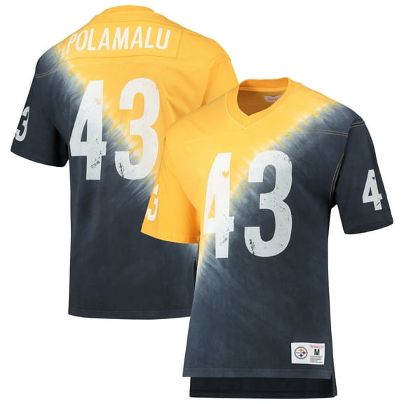 Men's Mitchell & Ness Troy Polamalu Gold/Black Pittsburgh Steelers Retired Player Name & Number Diagonal Tie-Dye V-Neck