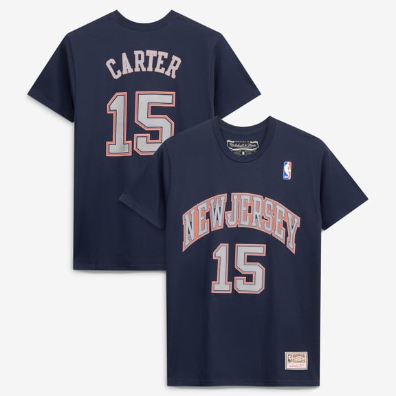 Men's Mitchell & Ness Vince Carter Navy New Jersey Nets Hardwood Classics Stitch Name & Number T-Shirt